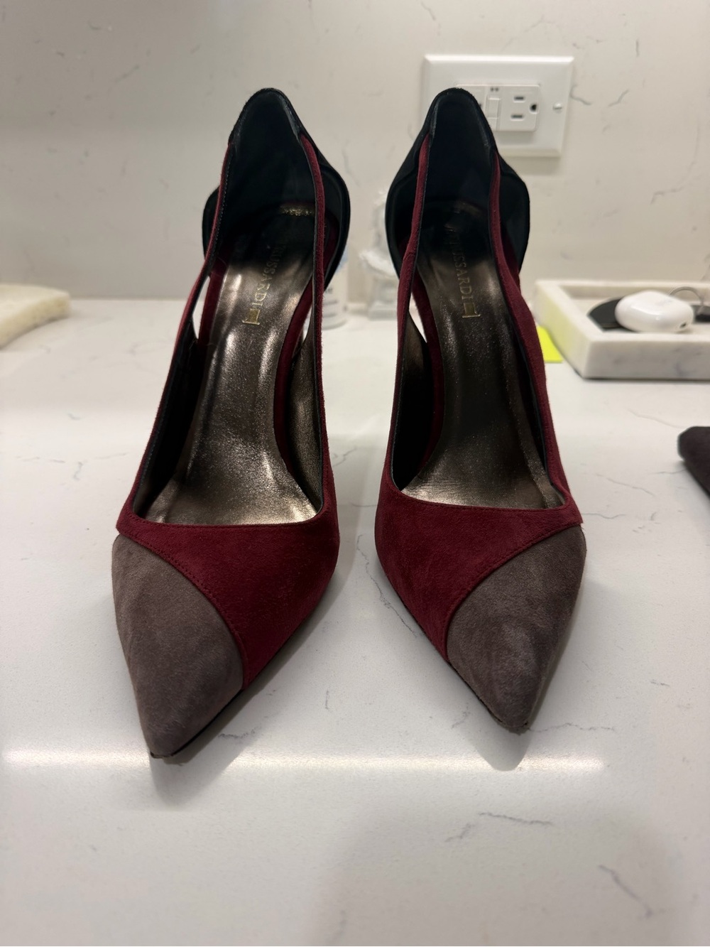 Trussardi Two-Tone Pointed Toe Stiletto Heels — Burgundy, Black, Taupe
